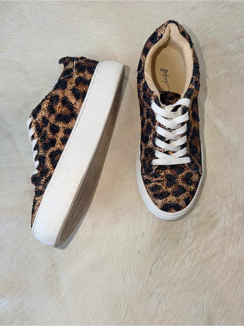 Betsey Johnson Leopard Print Rhinestone Platform Sneakers - Black, Brown, Gold